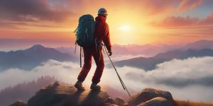 person climbing mountain sunrise success